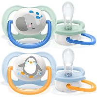 Avent Пустышка силиконовая Ultra Air Lime Cлон/Пингвин, 0-6 месяцев, 2 штуки					